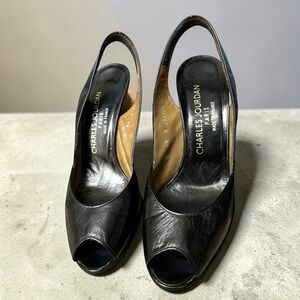 Vintage Charles Jourdan Paris Black Leather Slingback Peep-Toe Pumps Size 6.5 B